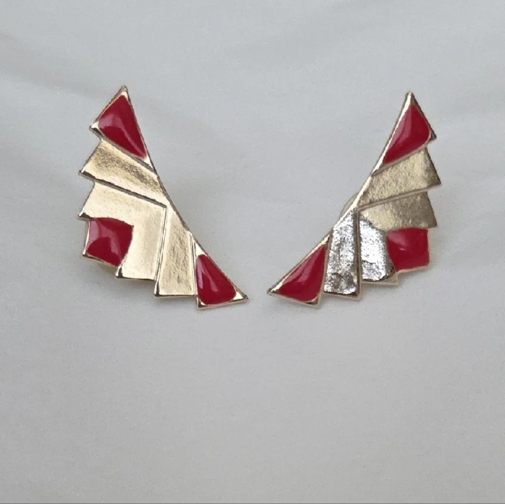 Rare Vintage Set 80s Gold-Tone & Red Enamel Geometric Earrings & Necklace - Picture 4 of 11